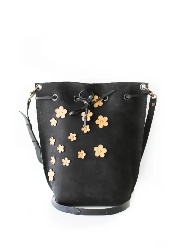 Women's Printed Bucket Bag in Floral Patterns for a Spring - Themed Day at the Park Black Floral Leather Bucket Bag Women's Printed Bucket Bag in Floral Patterns for a Spring - Themed Day at the Park Black Floral Leather Bucket Bag